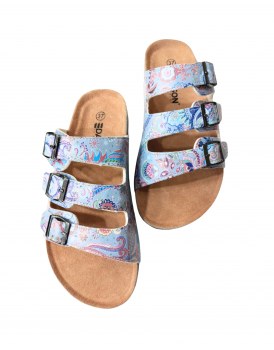 Women's Blue Floral Print 3 Buckle Cork Sandal